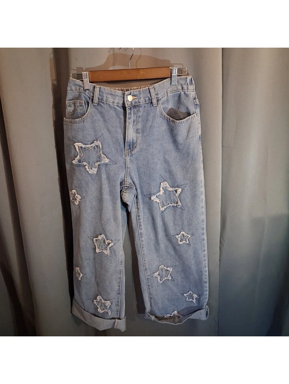 SHEIN Light Wash Denim Jeans with Star Cutout Details Size 30